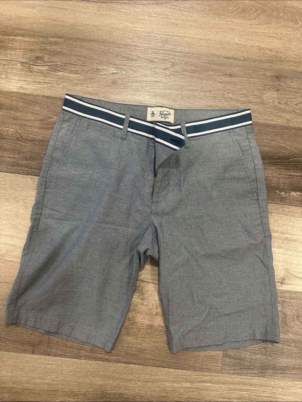 Original Penguin Men's Gray-Blue Chambray Shorts with Striped Waistband